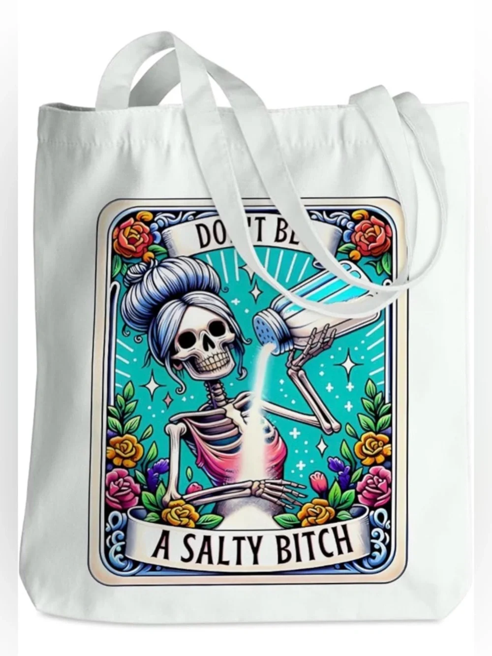 NWT Don't Be A Salty B!tch Skeleton Tote Bag Cotton Eco-Friendly Tarot Style - Picture 2 of 7